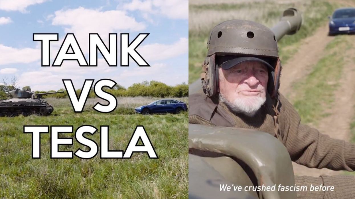 Screenshots from video of Ken Turner, the tank, and the Tesla