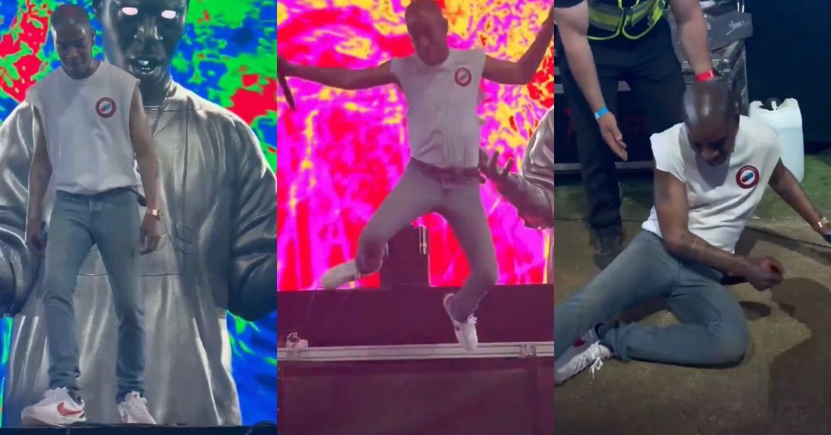 Screenshots from video of Kid Cudi on stage, jumping off stage, and on the ground