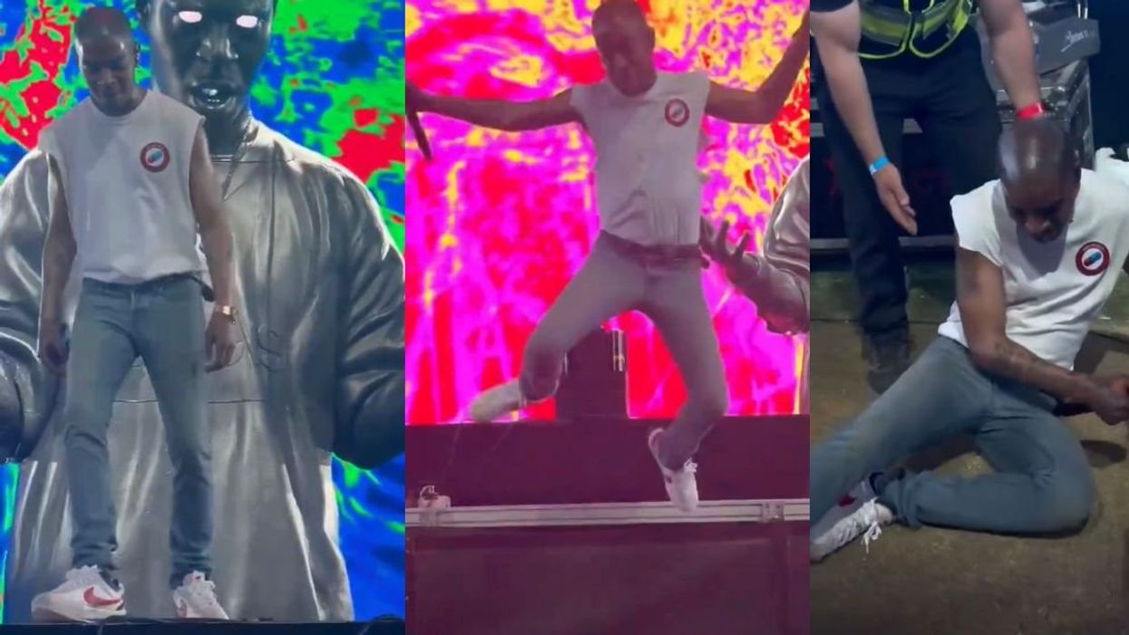 Screenshots from video of Kid Cudi on stage, jumping off stage, and on the ground