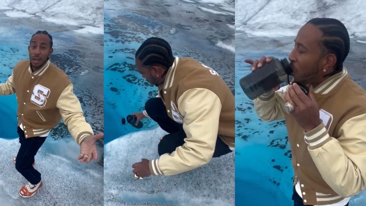 Screenshots from video of Ludacris drinking glacier water