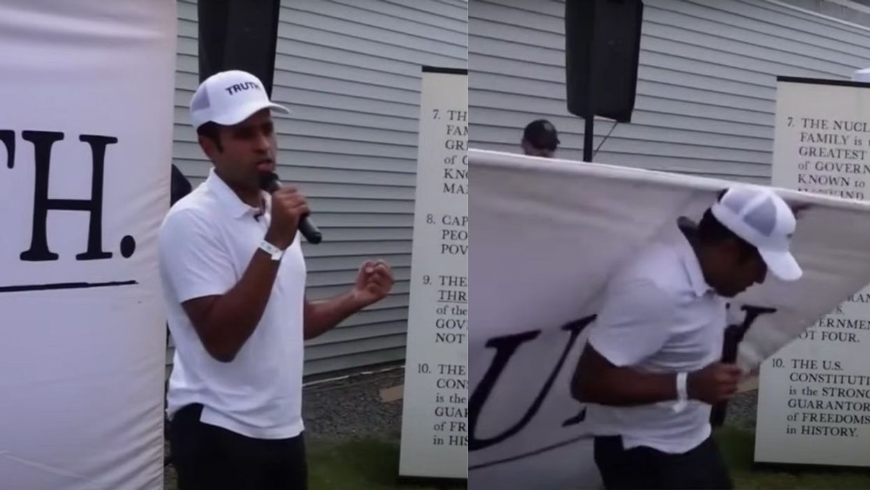 Screenshots from video of the 'Truth' sign falling on Vivek Ramaswamy