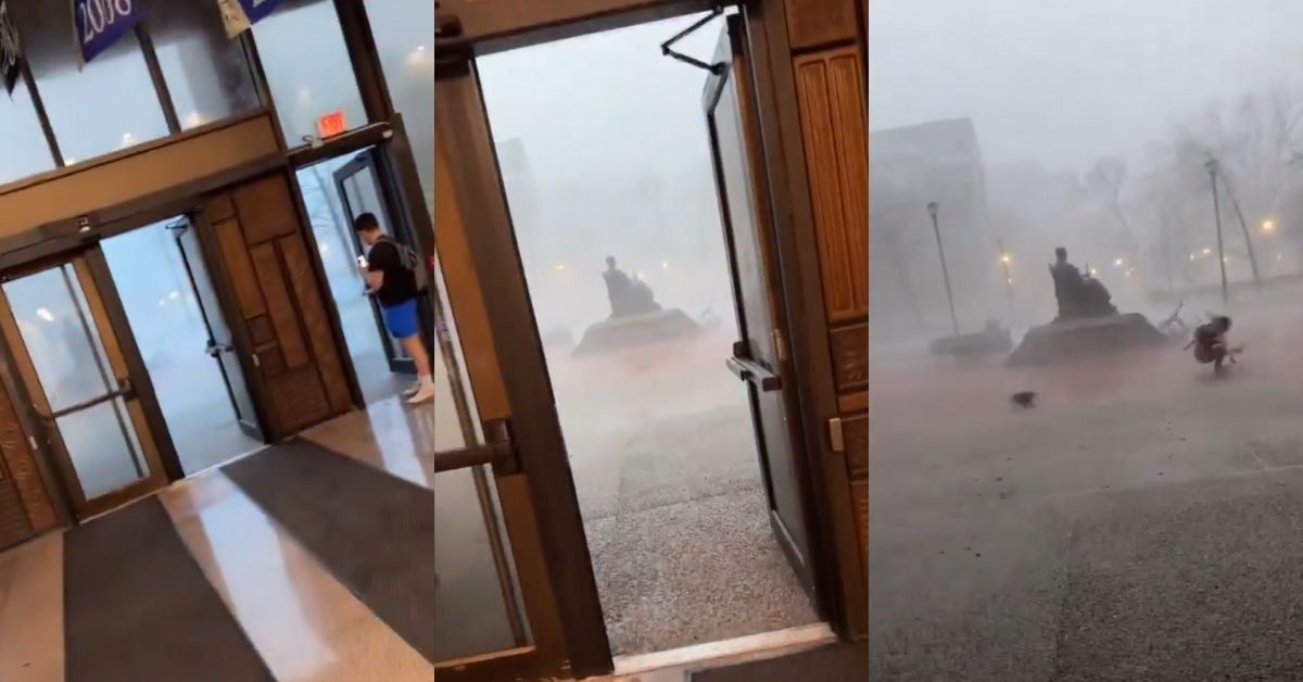 Screenshots from viral video of student caught in storm
