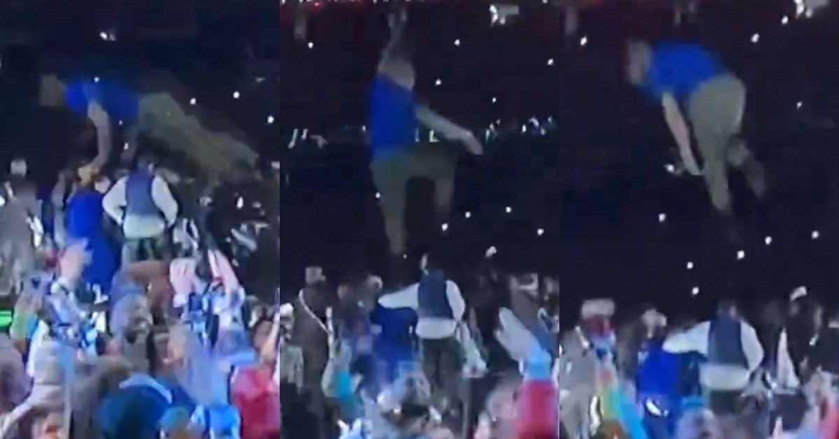 Screenshots of a fan in the air above the crowd