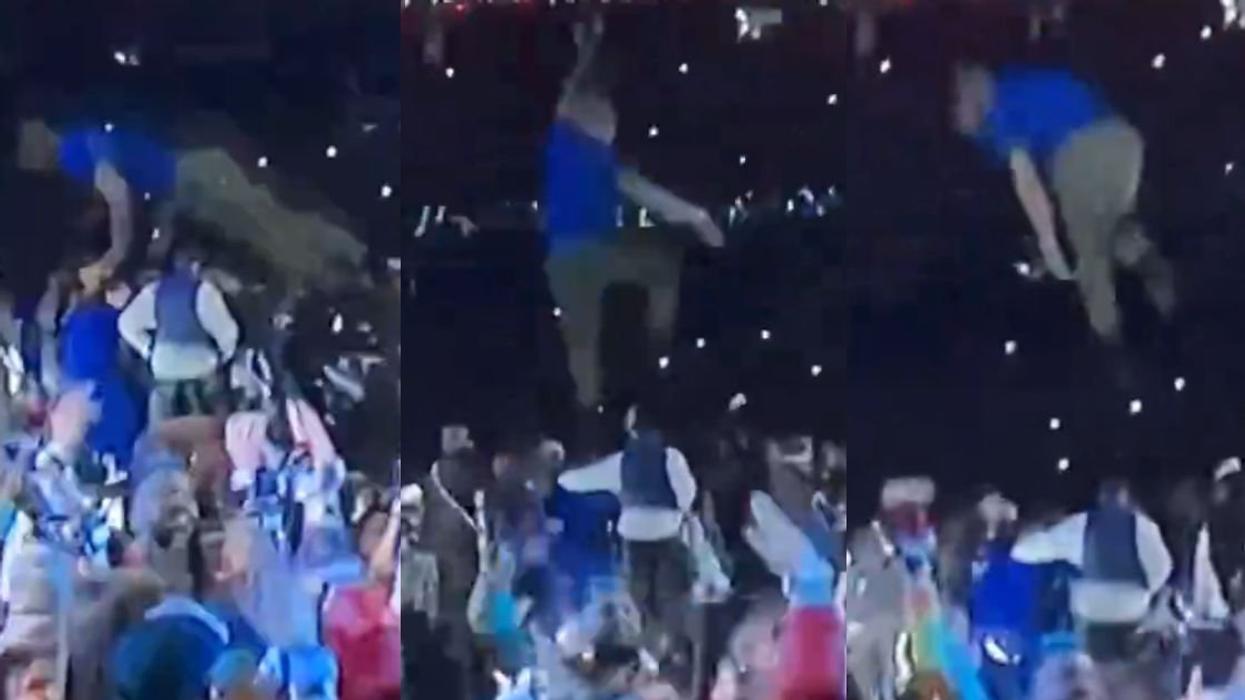 Screenshots of a fan in the air above the crowd
