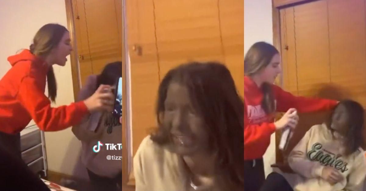 Screenshots of a teenage girl getting her face sprayed with black spray paint