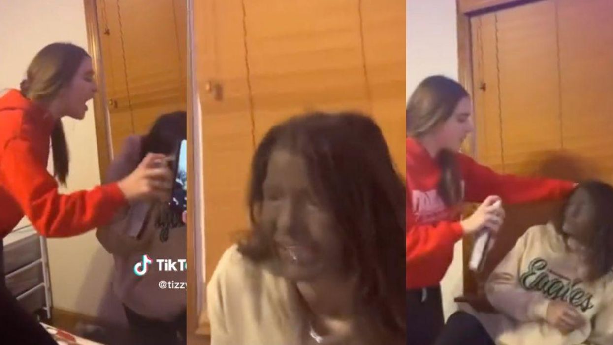 Screenshots of a teenage girl getting her face sprayed with black spray paint