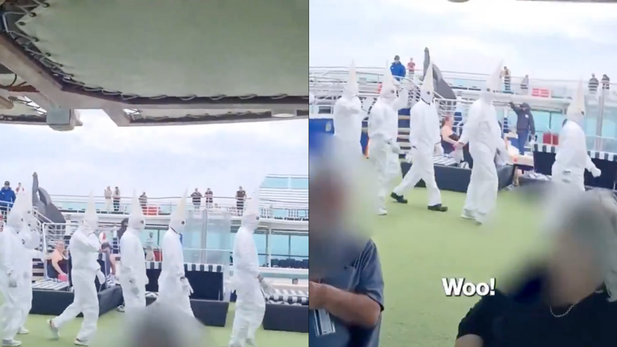 Screenshots of a video of cruise staff dressed in costumes that look like the KKK.