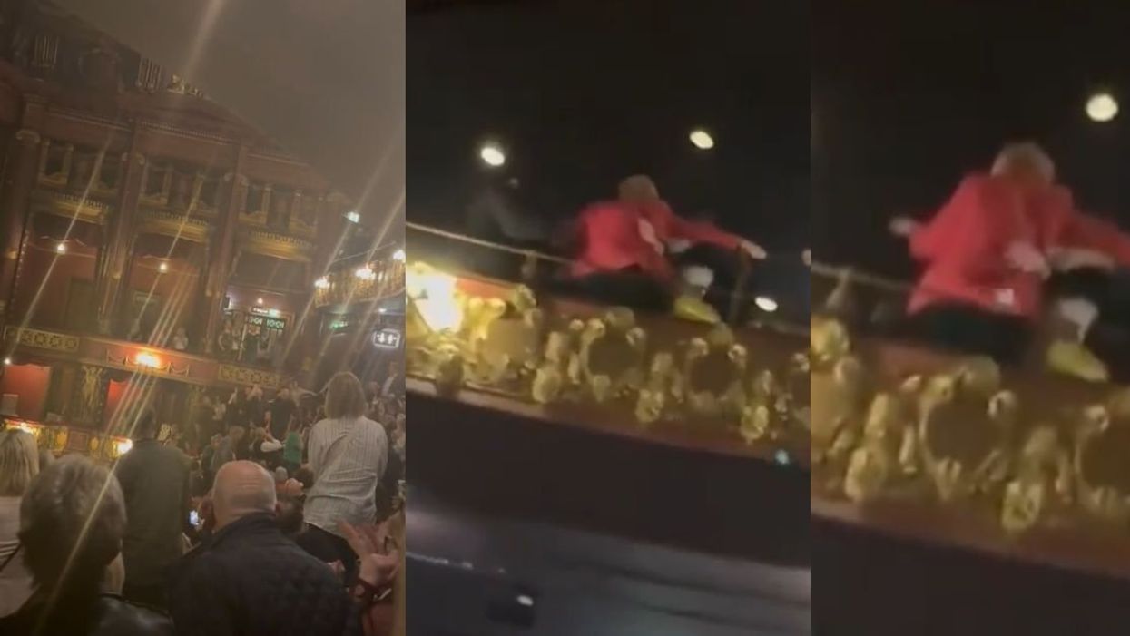 Screenshots of a woman being yanked from her balcony seat inside the theater