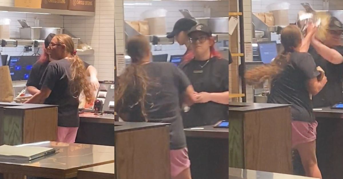 Screenshots of a woman chucking a burrito bowl at a Chipotle worker