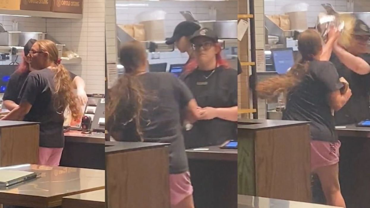 Screenshots of a woman chucking a burrito bowl at a Chipotle worker