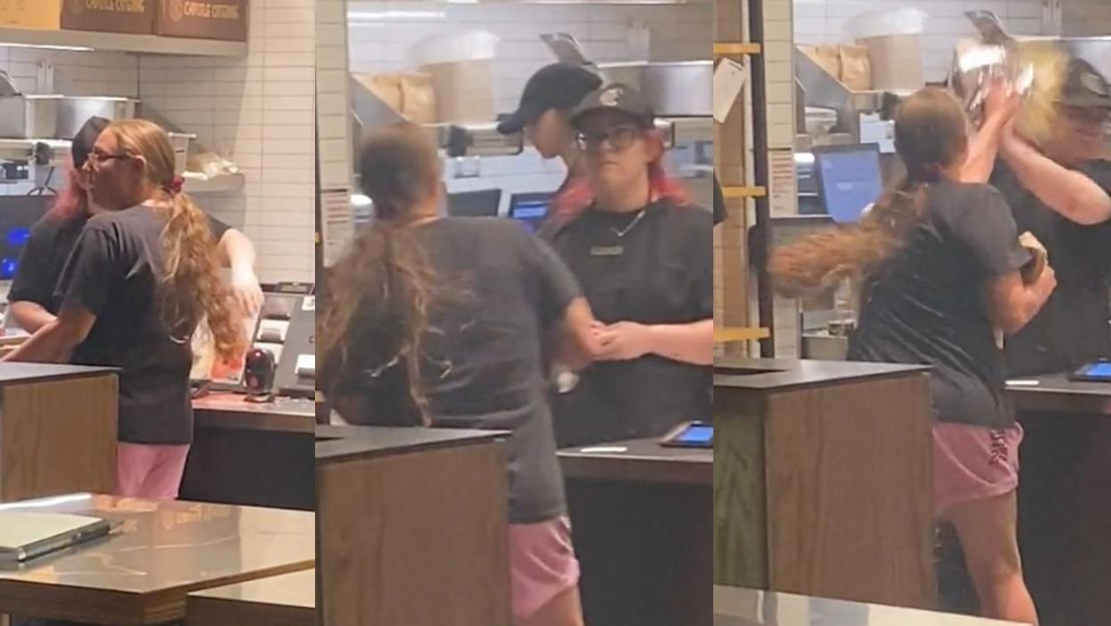 Screenshots of a woman chucking a burrito bowl at a Chipotle worker
