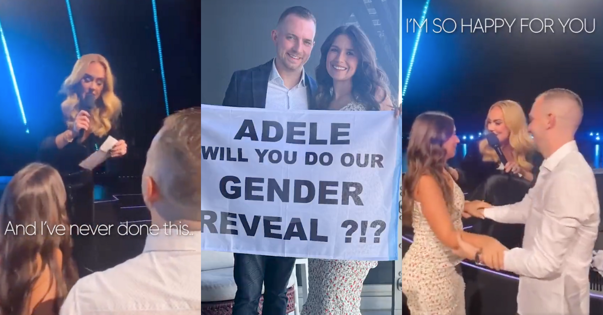 Screenshots of Adele doing assigned gender reveal for couple