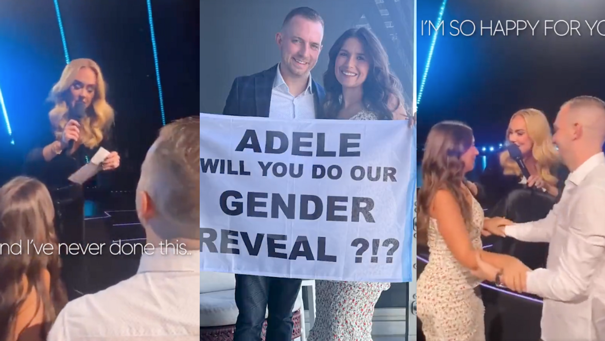 Screenshots of Adele doing assigned gender reveal for couple