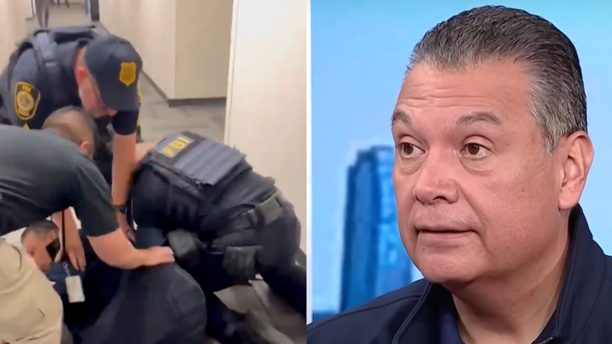 Screenshots of Alex Padilla getting arrested by officers and Padilla during MSNBC interview