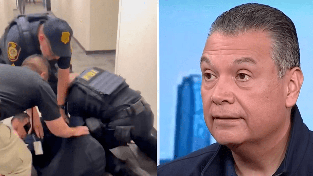 Screenshots of Alex Padilla getting arrested by officers and Padilla during MSNBC interview