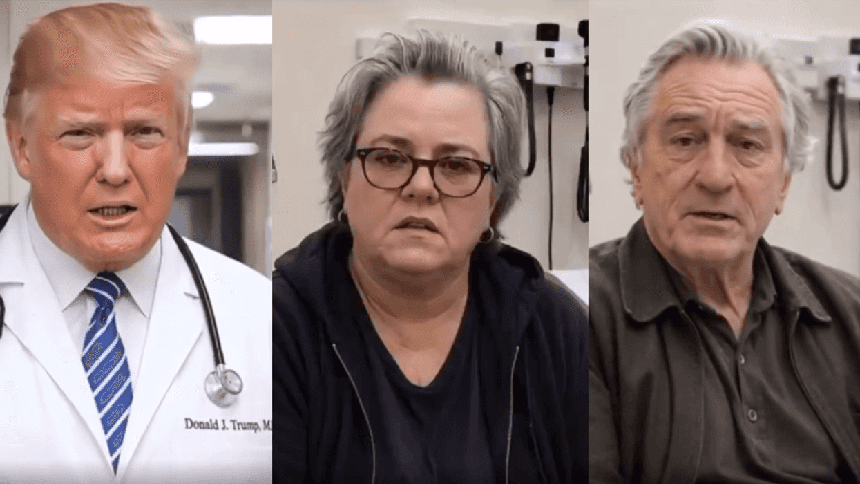 Screenshots of an AI-generated Donald Trump, Rosie O'Donnell, and Robert De Niro