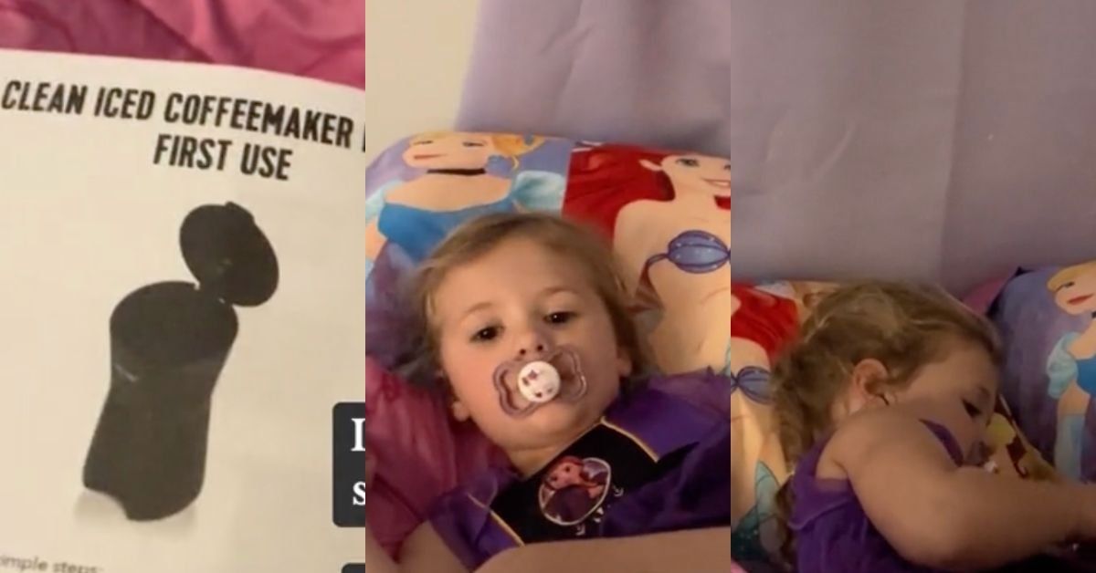 Screenshots of an iced coffeemaker manual and a toddler in bed