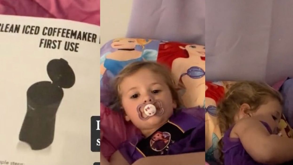 Screenshots of an iced coffeemaker manual and a toddler in bed
