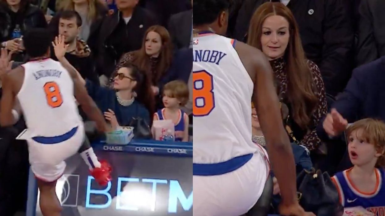 Screenshots of Anne Hathaway and her son as OG Anunoby runs into where they're sitting