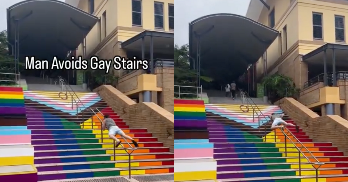 Screenshots of Australian man climbing up handrail of Pride flag staircase