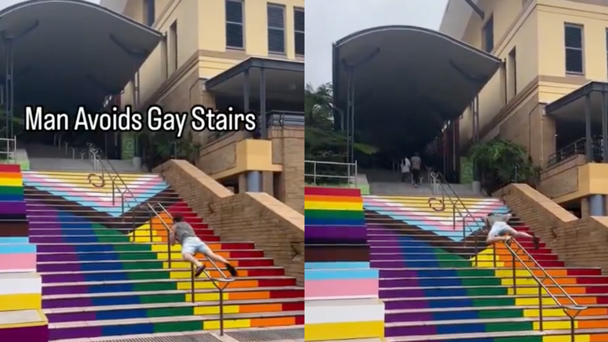 Screenshots of Australian man climbing up handrail of Pride flag staircase