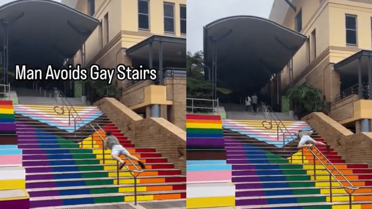 Screenshots of Australian man climbing up handrail of Pride flag staircase