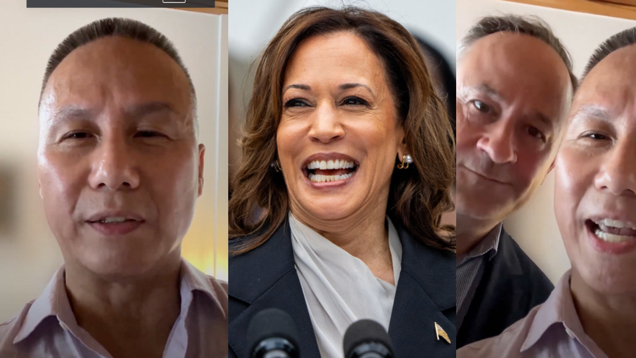 Screenshots of BD Wong and Wong with Douglas Emhoff (left and right); Kamala Harris (center)