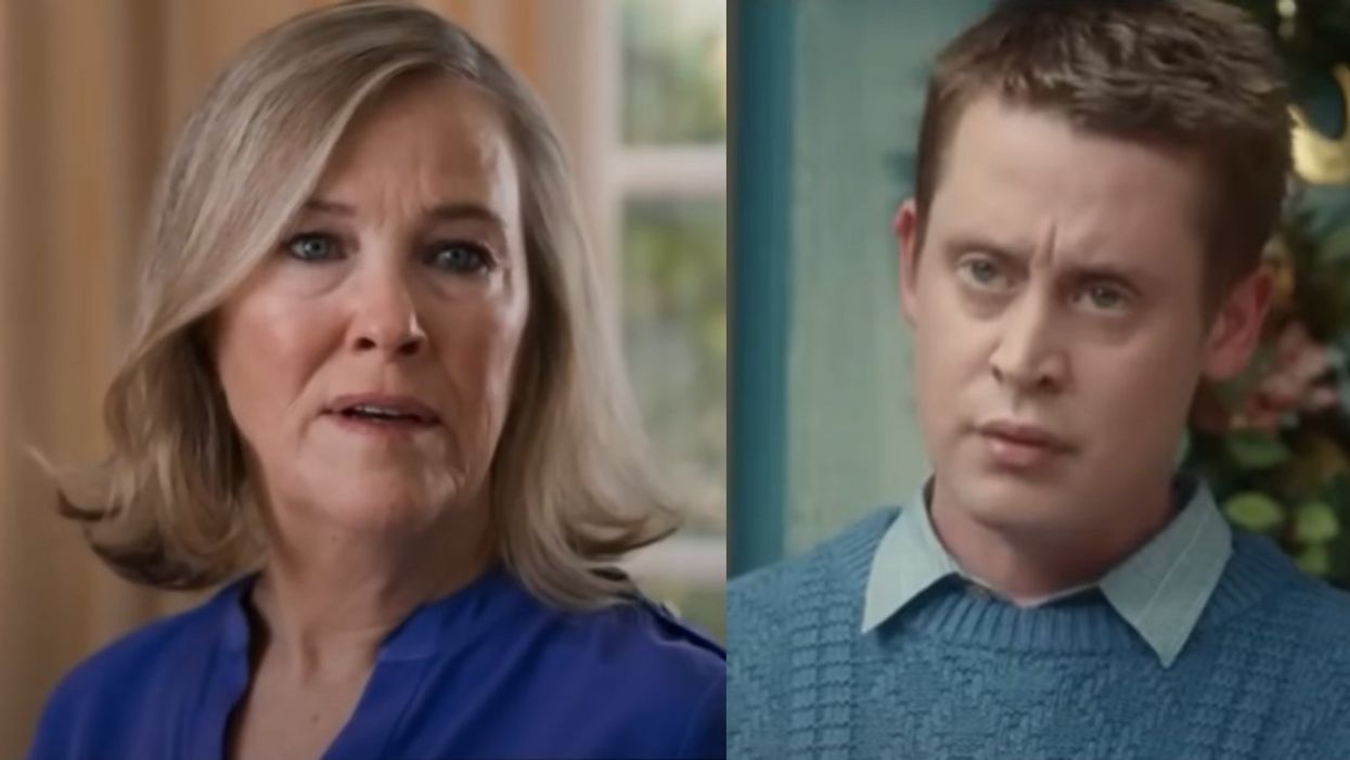 Screenshots of Catherine O'Hara and Macaulay Culkin from the fake 'Home Alone' trailer