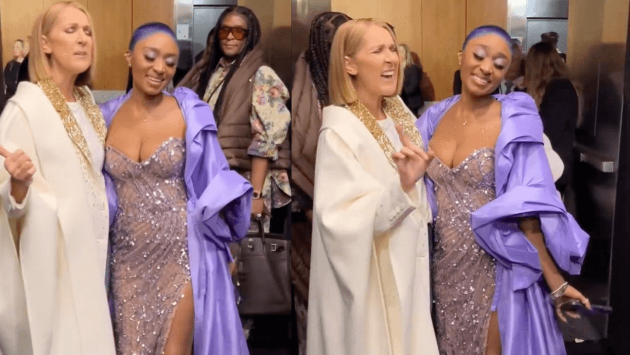 Screenshots of Celine Dion and Sonyae Elise singing backstage at the 2024 Grammy Awards