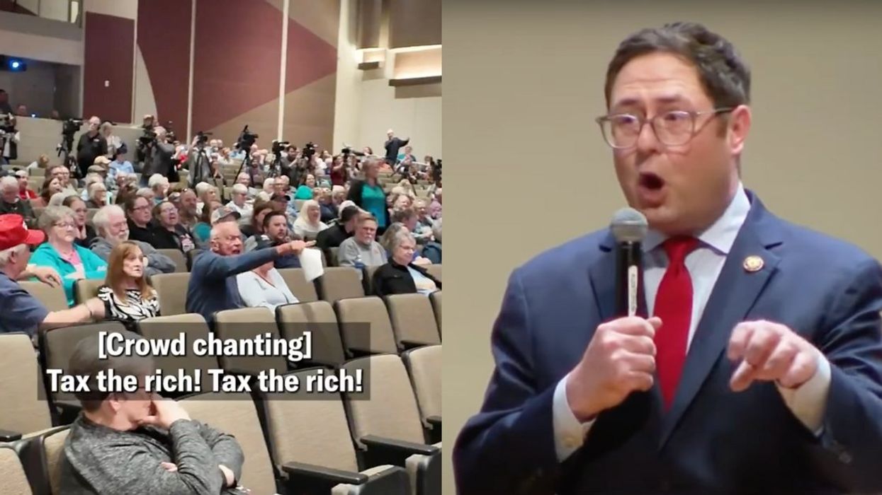 Screenshots of crowd at town hall and Rep. Mike Flood