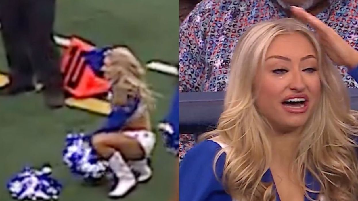 Screenshots of Dallas Cowboys cheerleader Michelle Siemienowski after getting hit in the head by a football