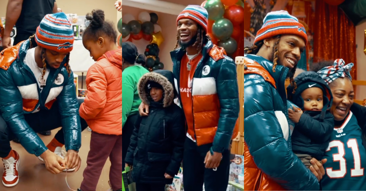 Screenshots of Damar Hamlin at toy drive