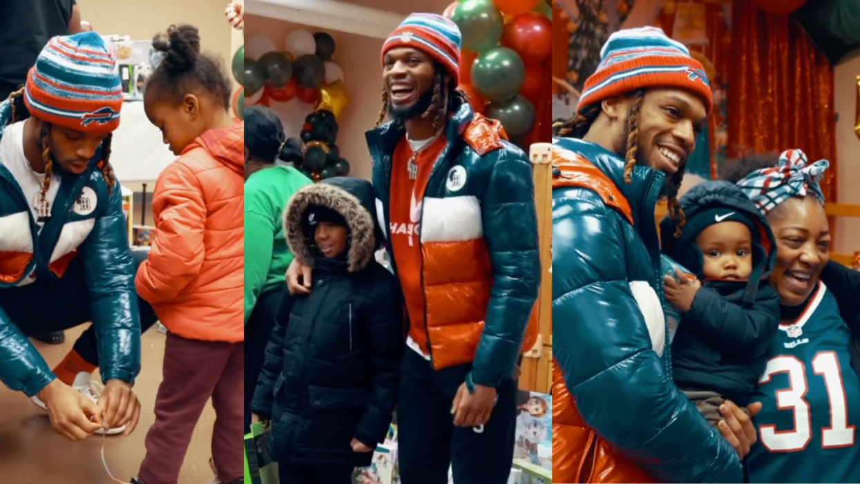 Screenshots of Damar Hamlin at toy drive