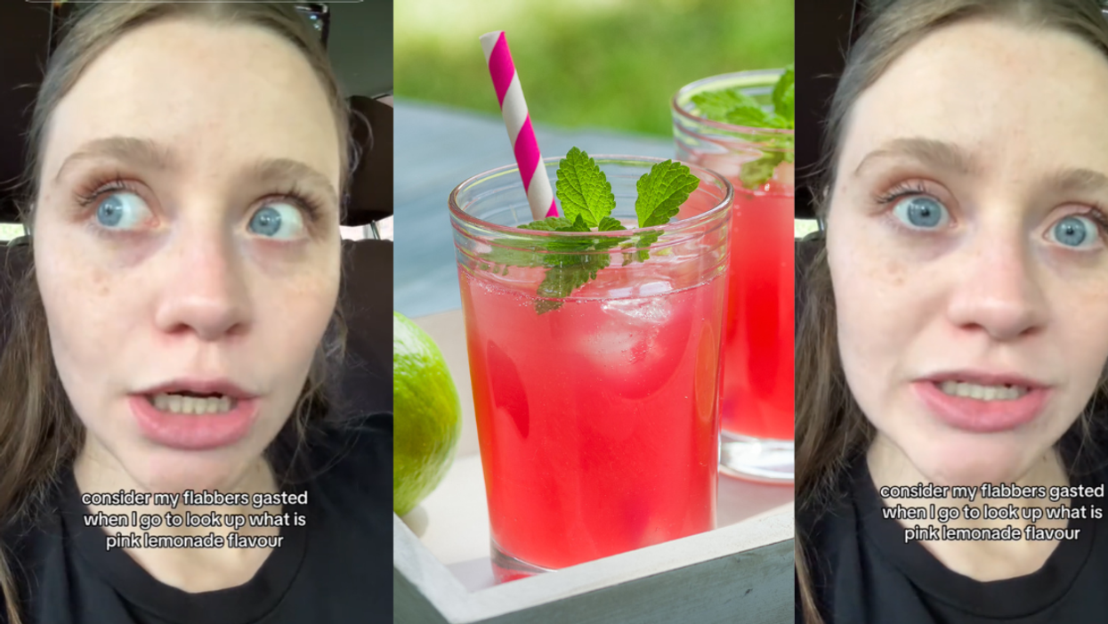Screenshots of @decrepitvibes' TikTok video; stock photo of pink lemonade