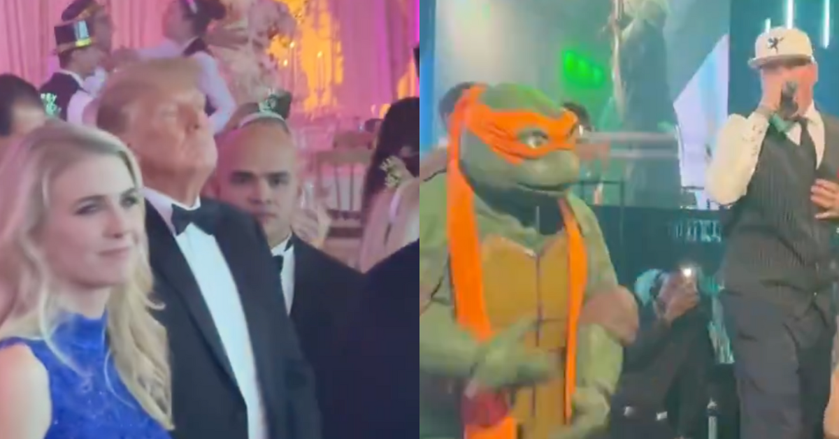 Screenshots of Donald Trump looking on at his New Year's Eve party and Vanilla Ice and Michelangelo at the party