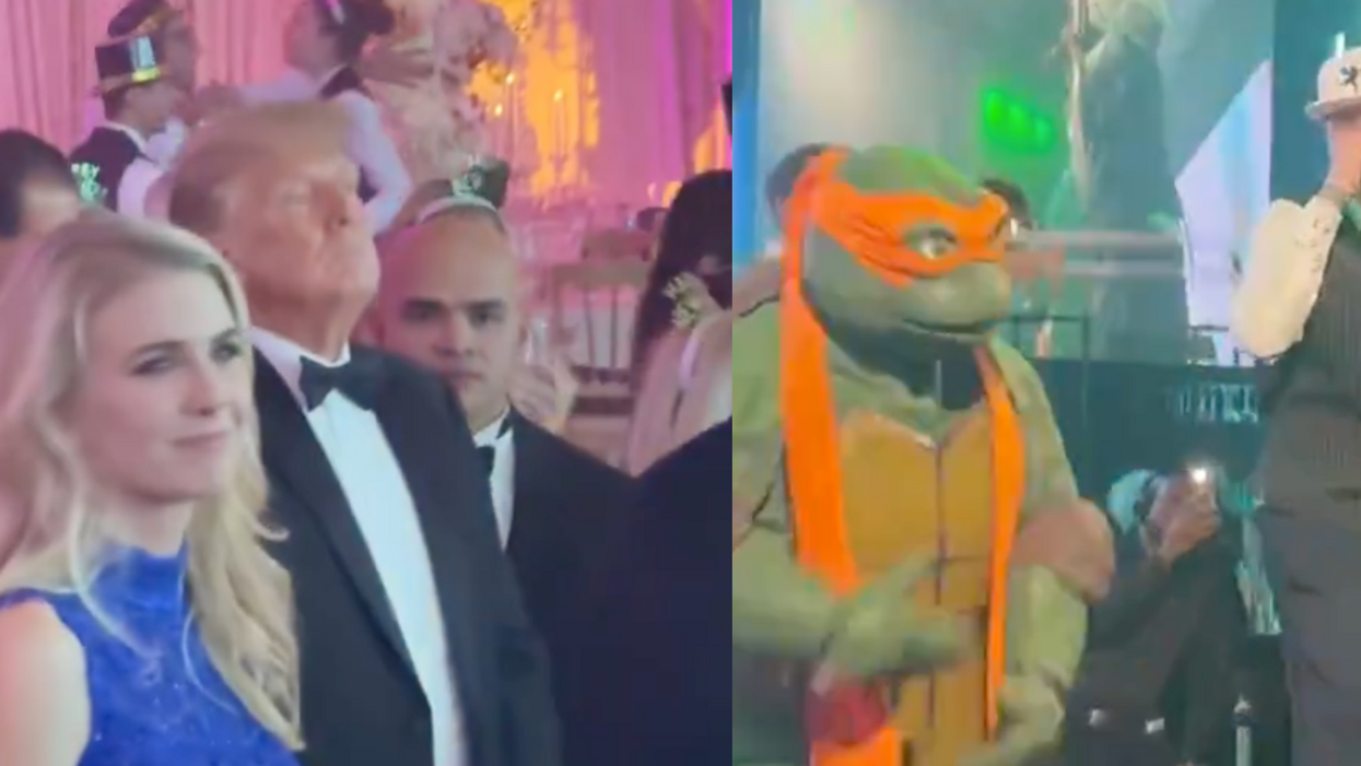 Screenshots of Donald Trump looking on at his New Year's Eve party and Vanilla Ice and Michelangelo at the party