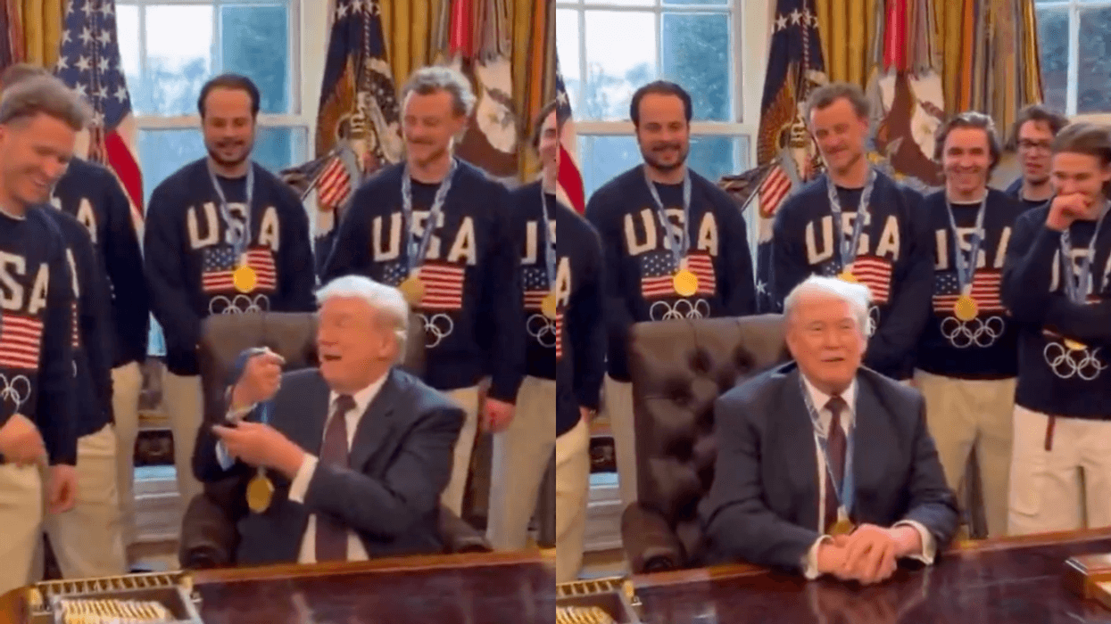Screenshots of Donald Trump receiving gold medal from Team USA men's hockey team
