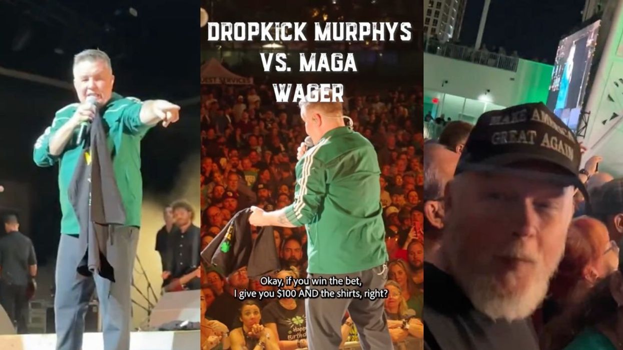 Screenshots of Dropkick Murphys frontman Ken Casey and MAGA fan in the crowd