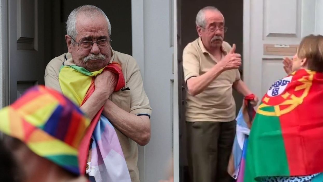 Screenshots of emotional older gentleman clutching Pride flag during Porto Pride in Portugal