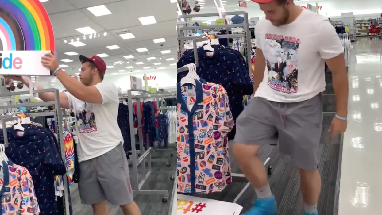 Screenshots of Ethan Schmidt removing and stomping on the Pride apparel sign in Target