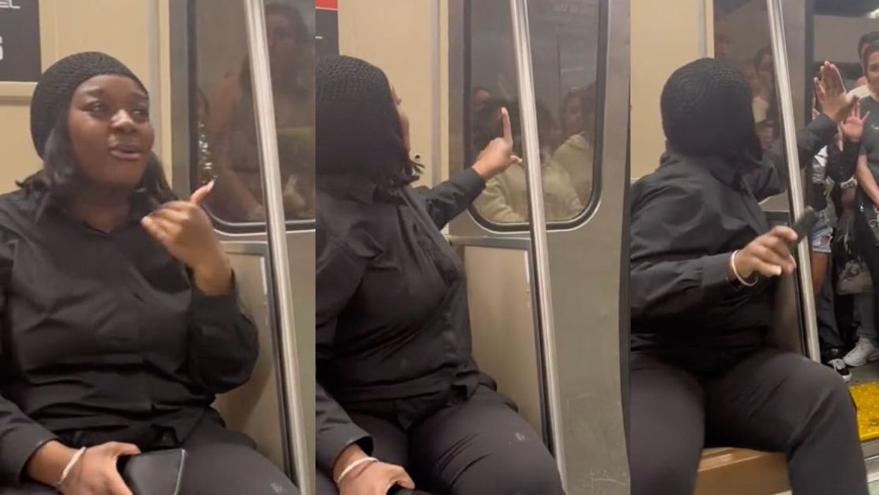 Screenshots of female subway passenger appearing anxious as Taylor Swift fans wait to board