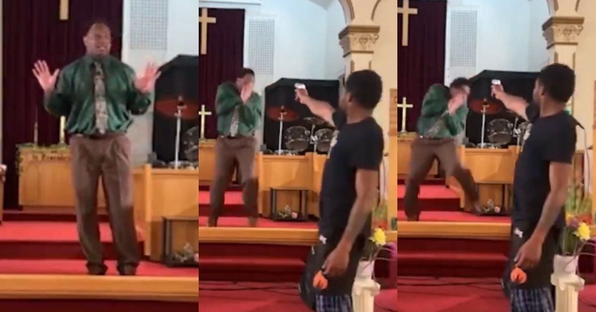 Screenshots of footage of man pointing gun at a preacher