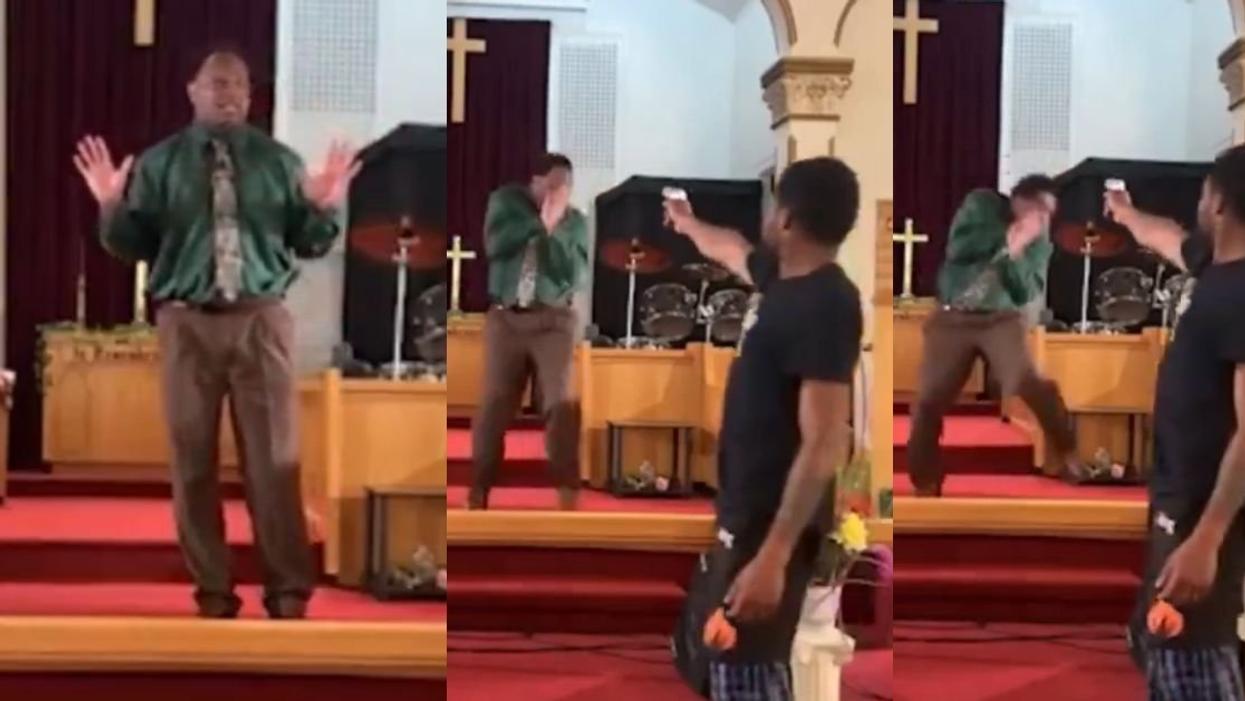 Screenshots of footage of man pointing gun at a preacher