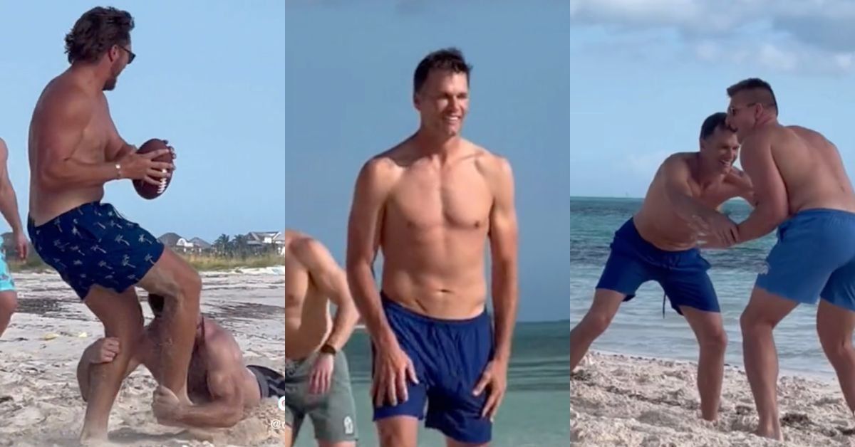Screenshots of former New England Patriots legends playing football on the beach