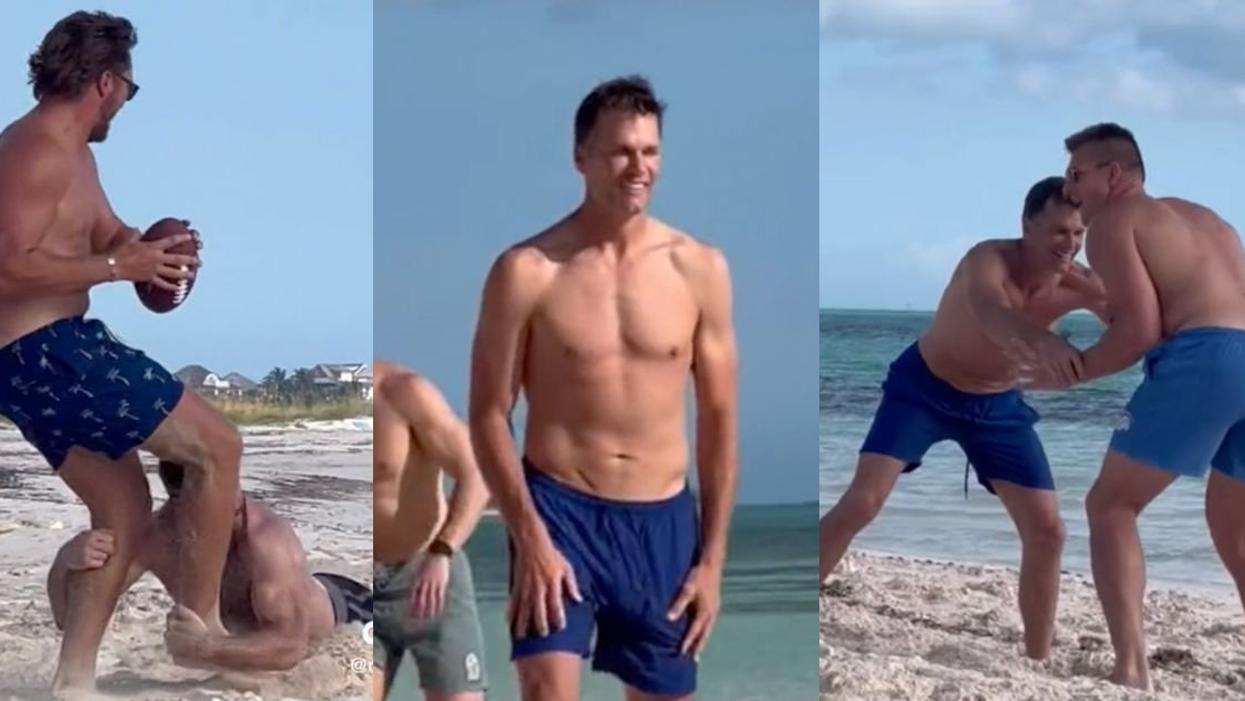 Screenshots of former New England Patriots legends playing football on the beach