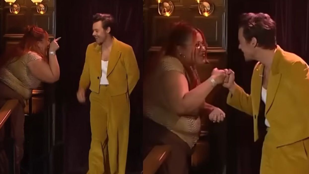 Screenshots of Harry Styles greeting guest on James Corden's final show.