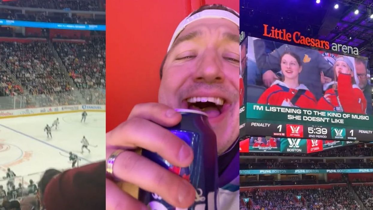 Screenshots of hockey arena and TikToker @michigankid91chugging a can of Labatt Blue
