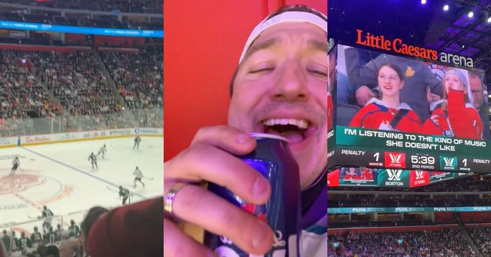 Screenshots of hockey arena and TikToker @michigankid91chugging a can of Labatt Blue