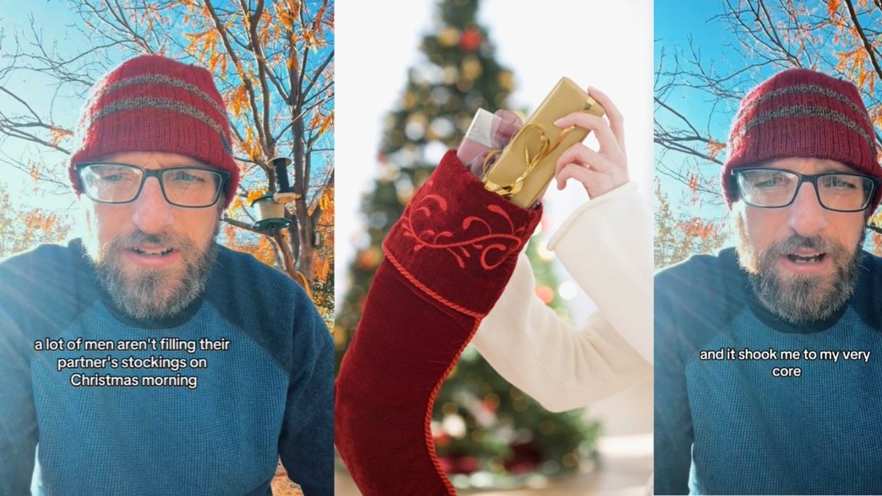 Screenshots of @howies_everythingclub TikTok video with image of woman filling Christmas stocking