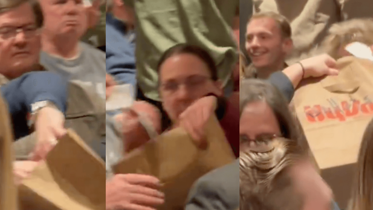 Screenshots of Iowa Republicans stuffing votes into a paper bag